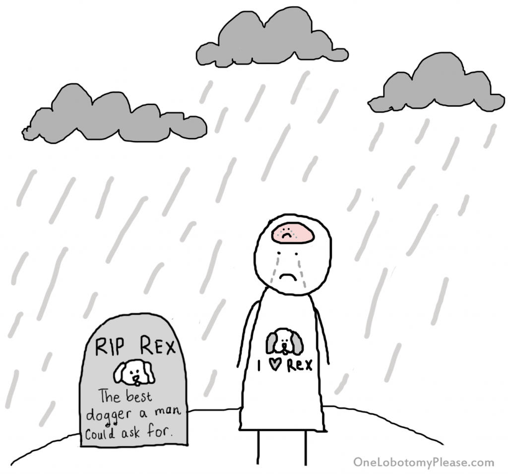 sad man is crying in the rain as he stands at the tombstone of his dead dog. He's wearing a shirt with the dog's face on it. The dog's name is rex