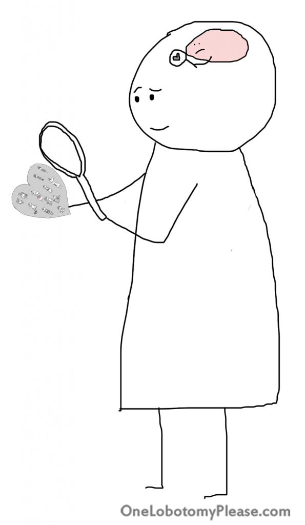 man is holding a magnifying glass to his heart to have a closer look