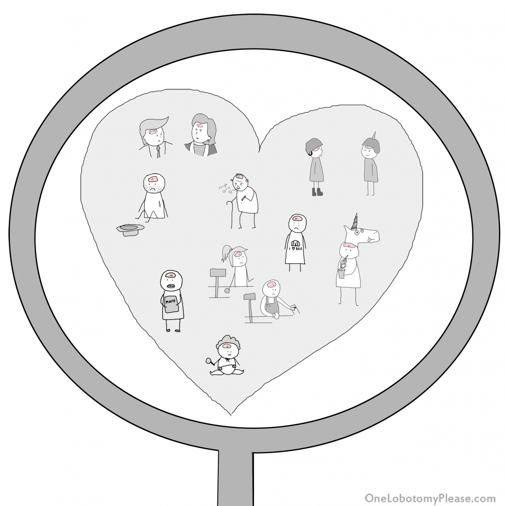 A zoomed in version of a heart is shown with all the previous people and situations